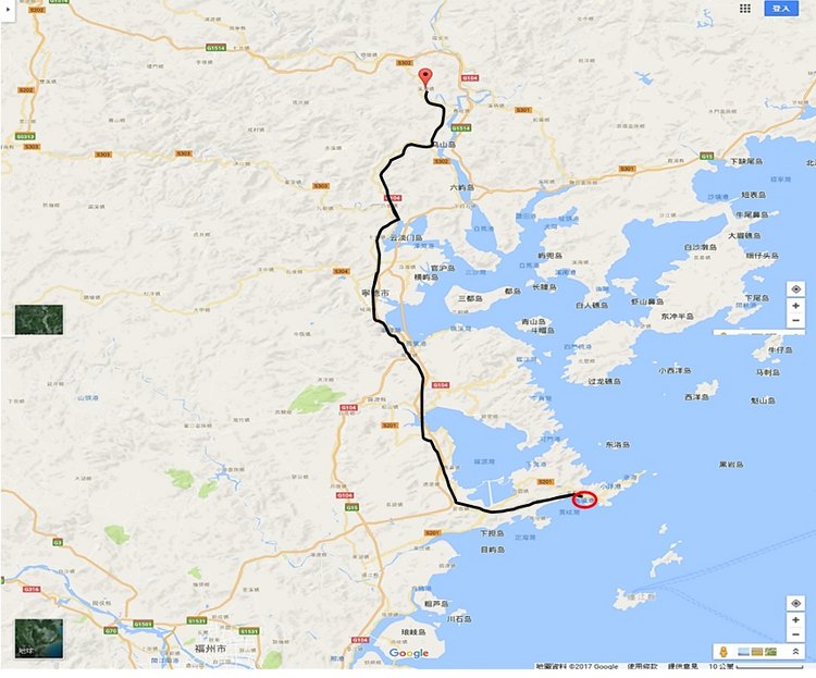 圖1︰從黃岐港至溪潭鎮是一段不算短的路程，google map